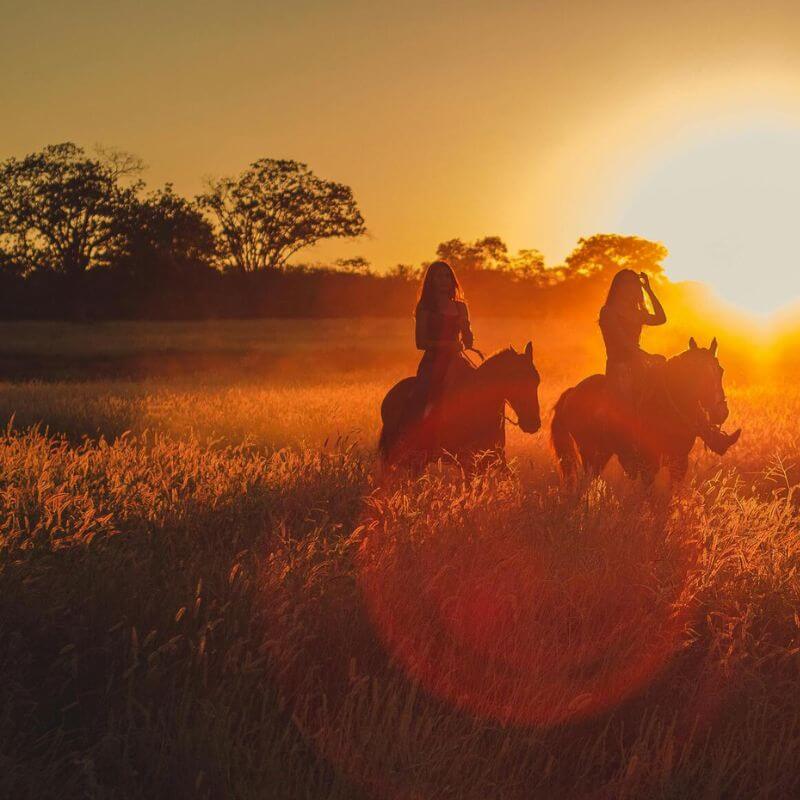 merginos joja žirgais saulėlydyje